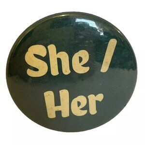 She Her Green and Cream 2 Button Pin Gender Pronoun